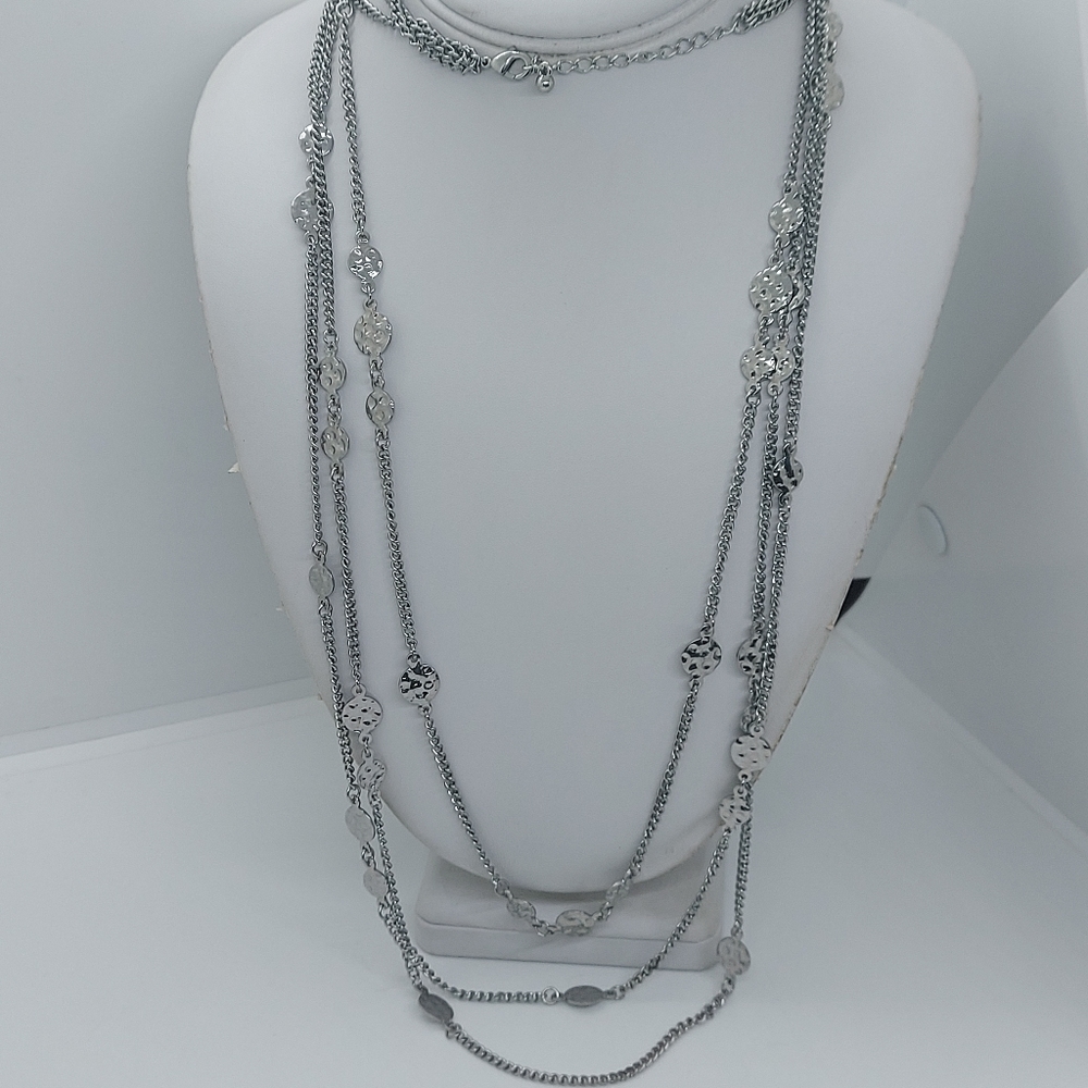 Long silver tone multistrand necklace